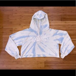 Blue and white tie dye crop top hoodie.